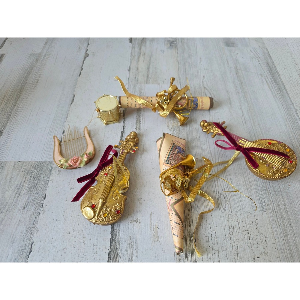 Victorian gold musical band ornament notes guitar drums harp Xmas tree